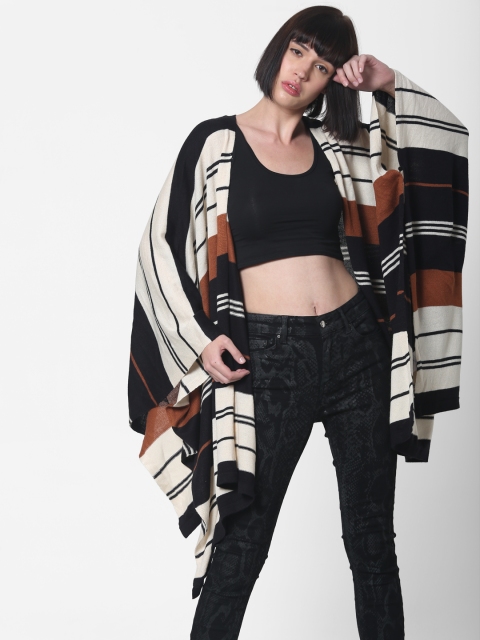 

ONLY Black & Cream-Coloured Striped Open Front Kaftan Shrug