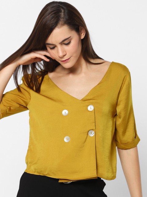 

ONLY Women Mustard Yellow Solid Wrap Top