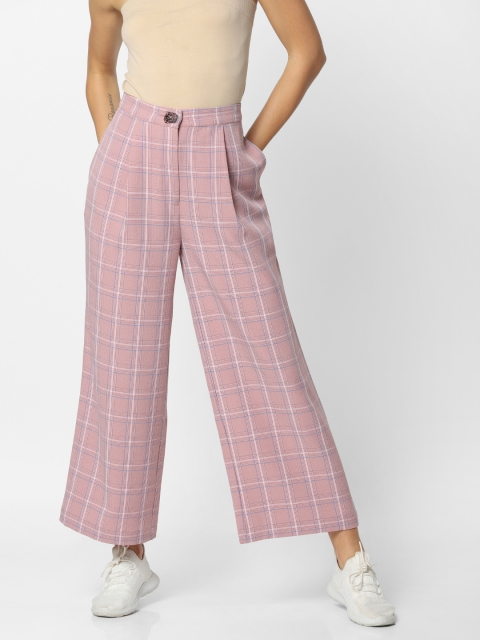 

ONLY Women Pink & White Loose Fit Checked Regular Trousers