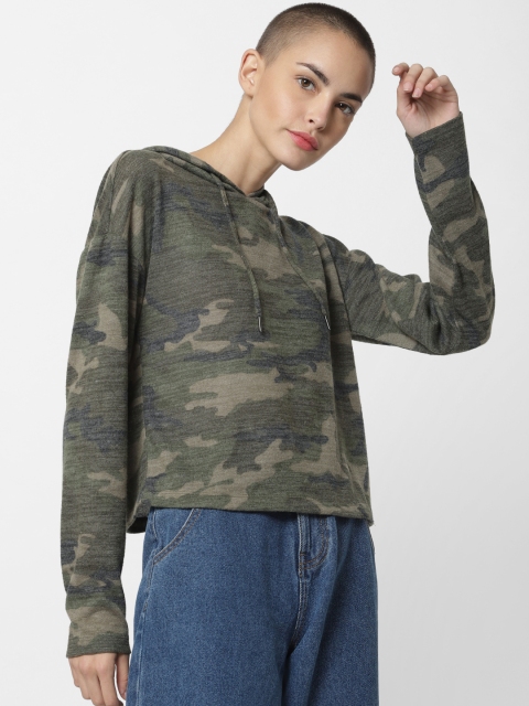 

ONLY Women Green Camouflage Woven Design Hooded Sweatshirt