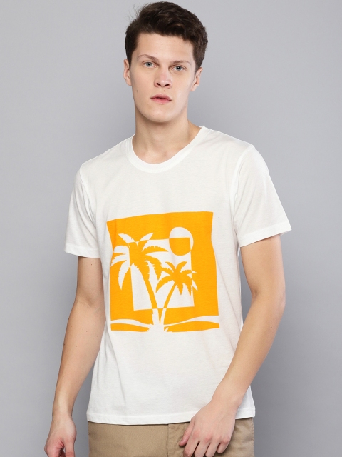 

Besiva Men White & Mustard Yellow Printed Round Neck T-shirt
