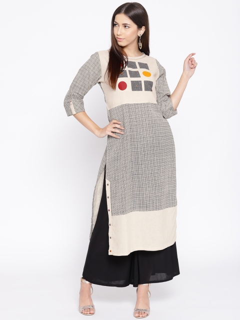 

Geelove Women Beige & Black Checked Straight Kurta
