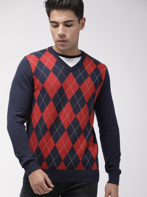 

Tommy Hilfiger Men Navy Blue & Red Self Design Pullover Sweater