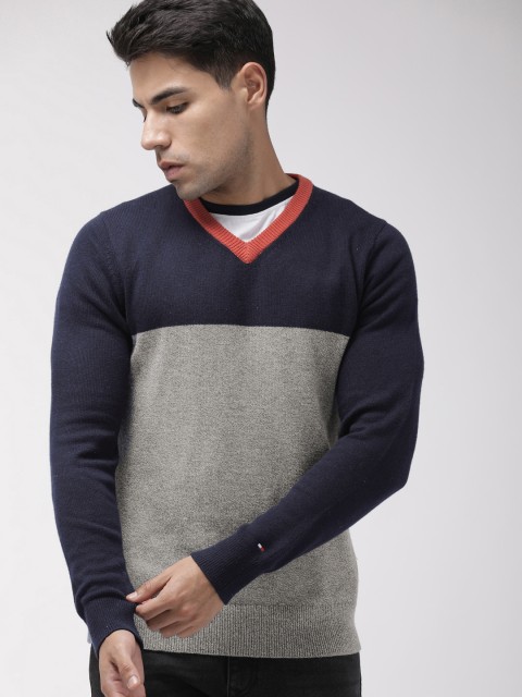 

Tommy Hilfiger Men Grey & Navy Blue Colourblocked Pullover Sweater