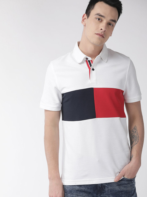 

Tommy Hilfiger Men White & Navy Blue Colourblocked Polo Collar T-shirt