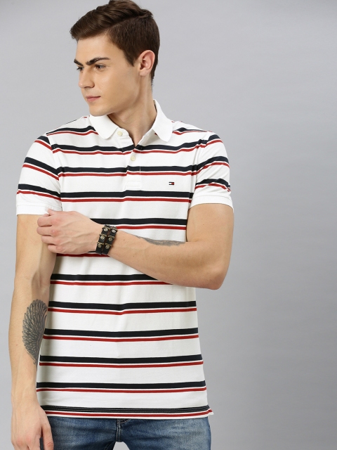 

Tommy Hilfiger Men White & Navy Blue Striped Slim Fit Polo Collar T-shirt