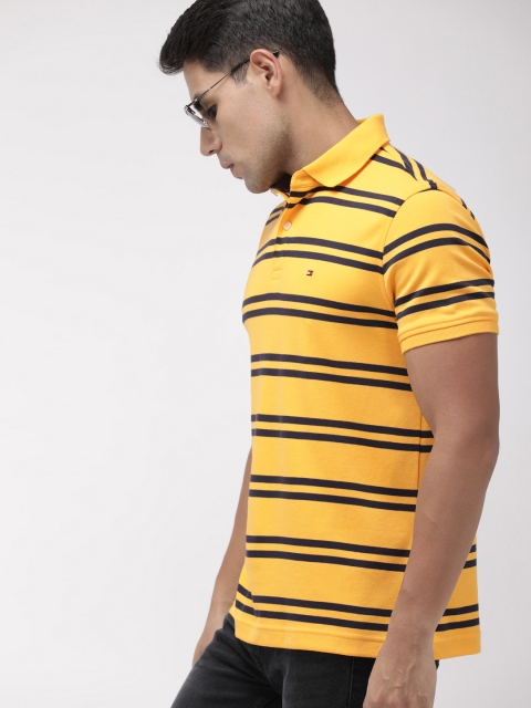 

Tommy Hilfiger Men Yellow & Navy Blue Striped Polo T-shirt