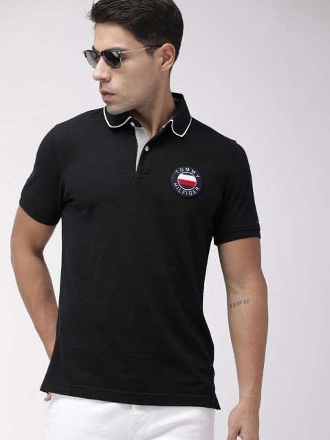 

Tommy Hilfiger Men Black Solid Slim Fit Polo Collar T-shirt