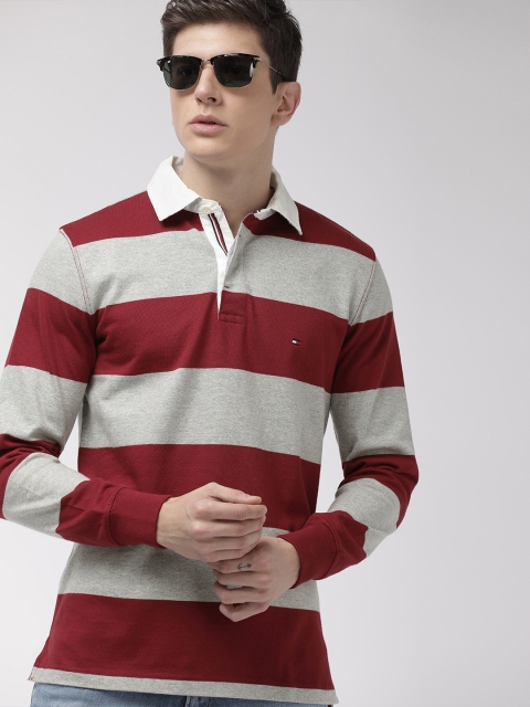 

Tommy Hilfiger Men Grey & Maroon Striped Polo T-shirt