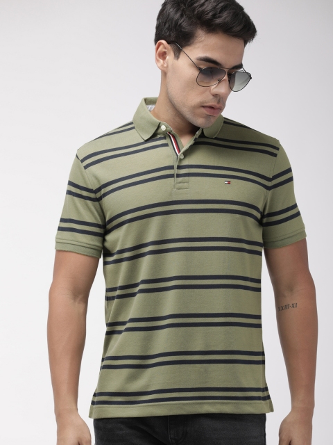

Tommy Hilfiger Men Olive Green & Navy Blue Striped Polo T-shirt