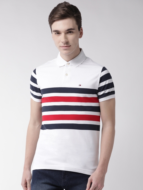 

Tommy Hilfiger Men White & Navy Blue Striped Polo Collar T-shirt