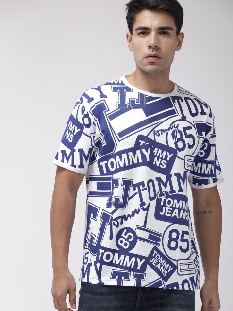 

Tommy Hilfiger Men White Blue Relaxed Fit Printed Round Neck Pure Cotton T-shirt