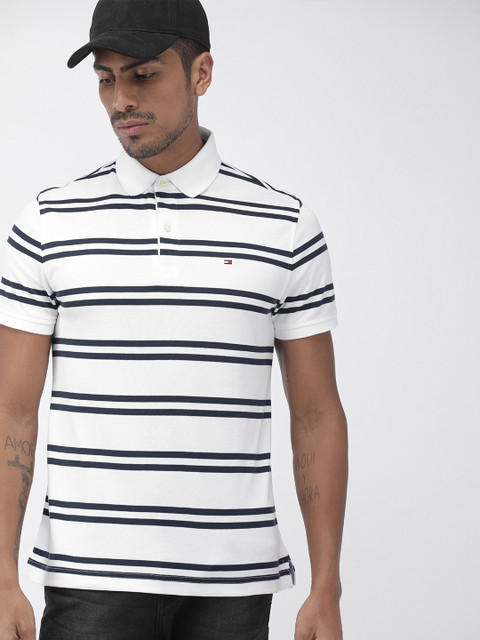 

Tommy Hilfiger Men White & Navy Blue Striped Polo Collar T-shirt