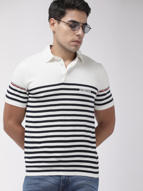

Tommy Hilfiger Men White & Navy Blue Striped Polo T-shirt