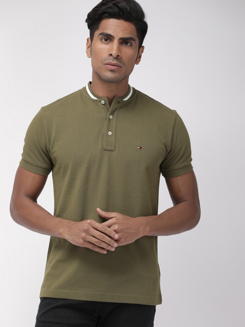 

Tommy Hilfiger Men Olive Green Solid Mandarin Collar T-shirt