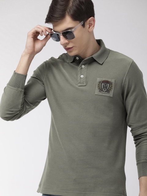 

Tommy Hilfiger Men Olive Green Self-Striped Slim Fit Polo Collar T-shirt