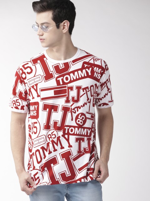 

Tommy Hilfiger Men White & Maroon Printed Round Neck T-shirt