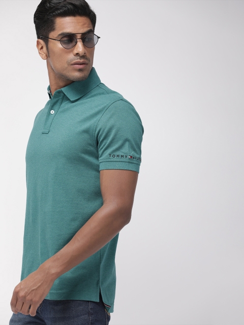 

Tommy Hilfiger Men Teal Green Solid Regular Fit Polo Collar T-shirt