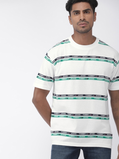 

Tommy Hilfiger Men White & Green Relaxed Fit Striped Round Neck T-shirt