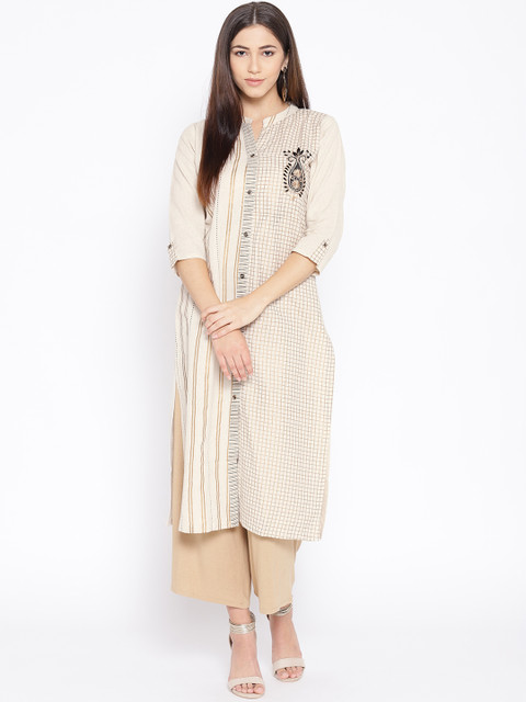 

Geelove Women Off-White & Golden Printed Straight Kurta