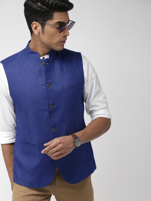 

Indian Terrain Men Blue Solid Linen Nehru Jacket