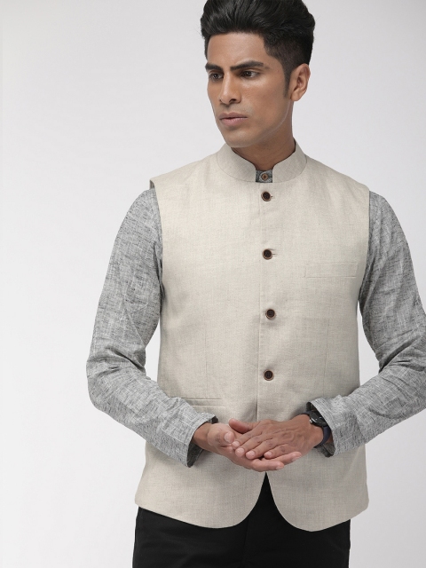 

Indian Terrain Men Beige Solid Linen Nehru Jacket