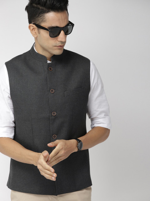 

Indian Terrain Men Charcoal Grey Self Design Nehru Jacket