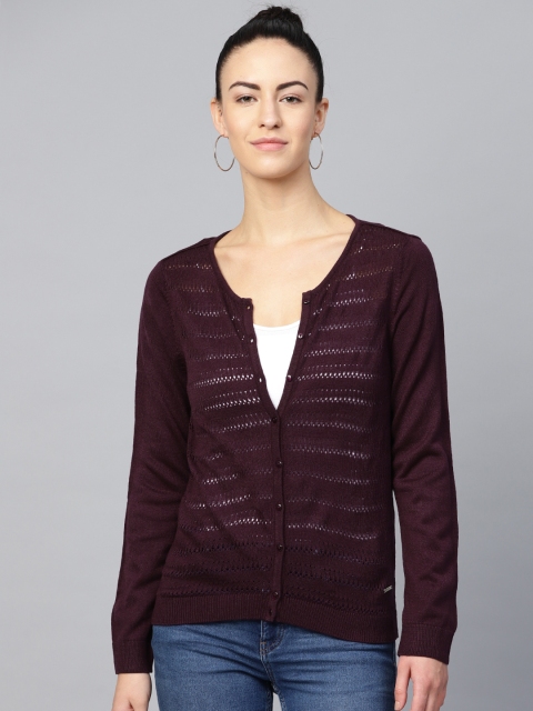

Van Heusen Woman Women Burgundy Self Design Cardigan