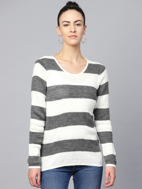 

Van Heusen Woman Women Off-White & Charcoal Grey Striped Sweater