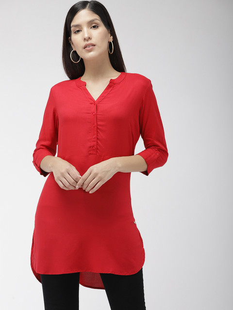 

Park Avenue Women Red Solid Shirt Style Longline Top