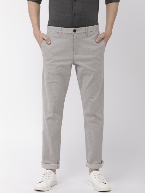 Men Grey Regular Fit Self Design Regular Trousers