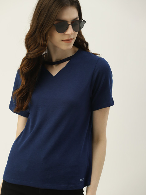 

NUSH Women Navy Blue Solid V-Neck T-shirt