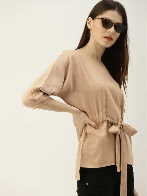 

NUSH Women Beige Self Design Cinched Waist Top