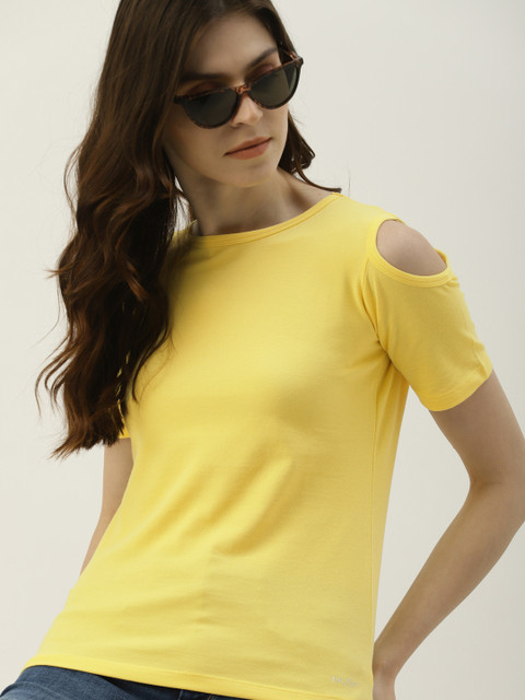

NUSH Women Yellow Solid Cold-Shoulder Pure Cotton Top