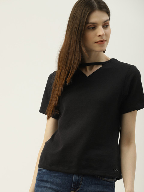 

NUSH Women Black Solid Round Neck T-shirt