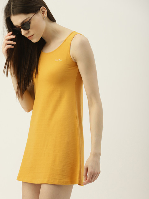 

NUSH Women Solid Mustard Yellow A-Line Dress