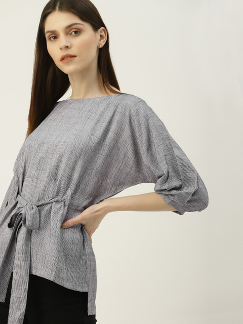 

NUSH Women Grey Self Design Cinched Waist Top