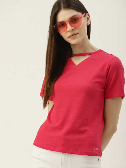 

NUSH Women Red Solid Round Neck T-shirt