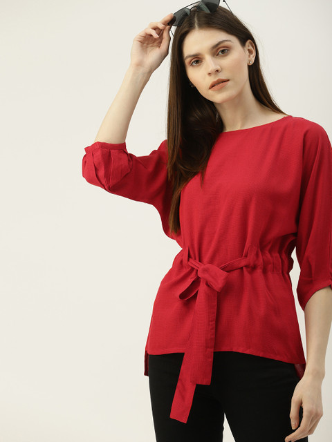 

NUSH Women Red Self Design Cinched Waist Top