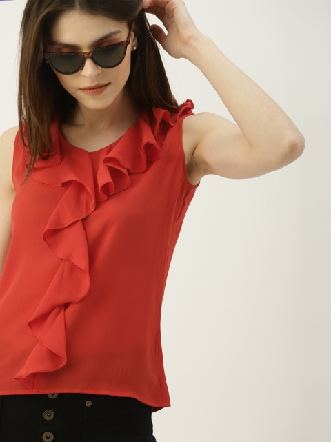 

NUSH Women Coral Solid Ruffled Top