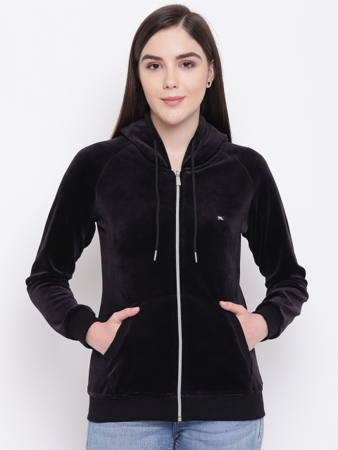 

Monte Carlo Women Black Solid Hooded Sweatshirt With Velvet Finish