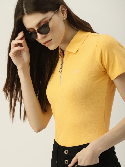

NUSH Women Mustard Yellow Solid Polo Collar T-shirt