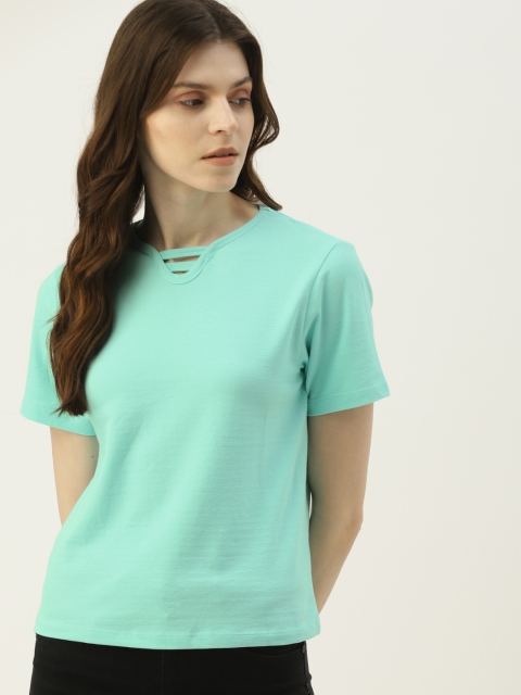 

NUSH Women Sea Green Solid V-Neck T-shirt