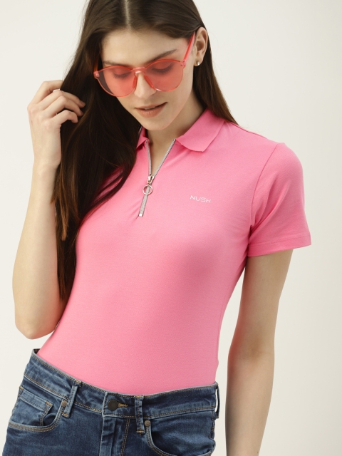 

NUSH Women Pink Solid Polo Collar T-shirt