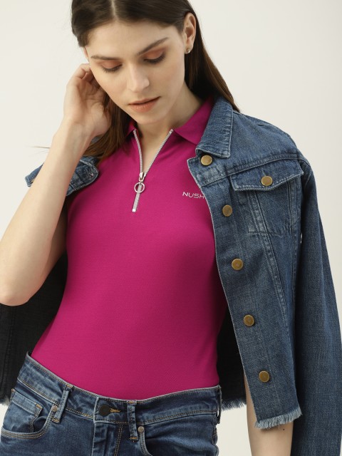 

NUSH Women Magenta Pink Solid Polo Collar T-shirt