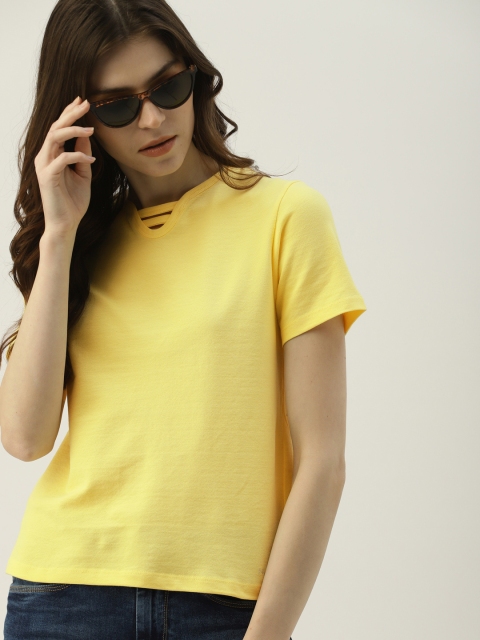 

NUSH Women Yellow Solid V-Neck T-shirt