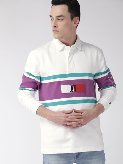 

Tommy Hilfiger Men White & Purple Colourblocked Polo Collar T-shirt
