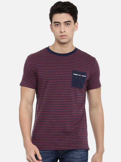 

Tommy Hilfiger Men Burgundy & Navy Blue Striped Round Neck T-shirt