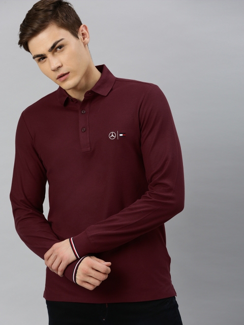 

Tommy Hilfiger Men Maroon Solid Polo Collar T-shirt with Long Sleeves