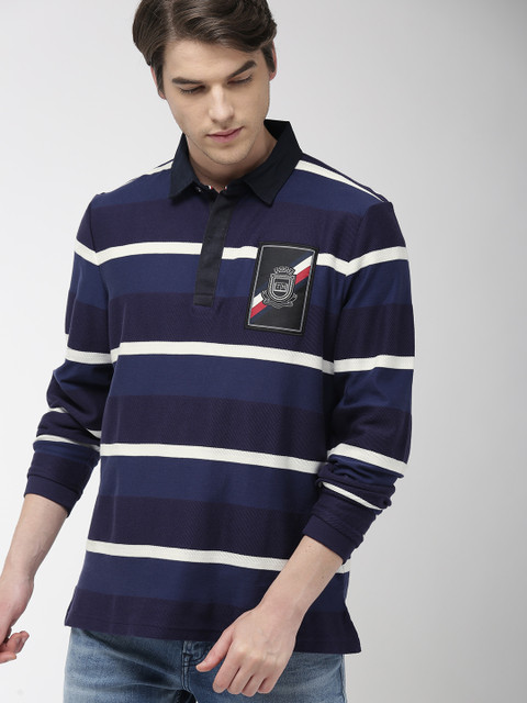 

Tommy Hilfiger Men Navy Blue & White Striped Polo Collar T-shirt